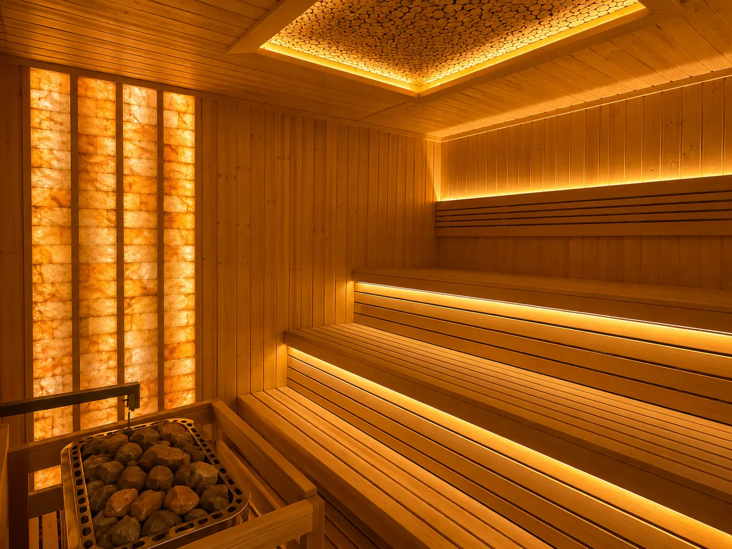 Сауна SPA-комплексу: підсвічена соляна стіна, стеля зі зрізів дерева й два яруси полиць